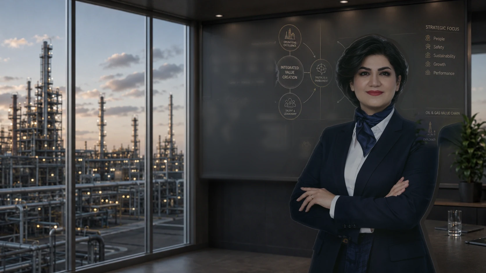 Najmeh Zeinali in a meeting room, a process plant visible through the window